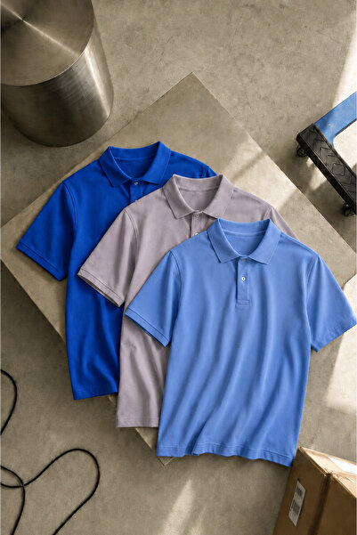 COMBİNE MİCHAİL Men's Short Sleeve 3-Piece Loose Polo Collar T-Shirt