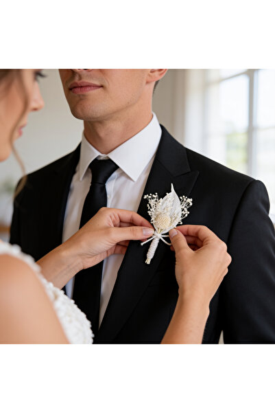 jujü Damat beyaz yaka çiçeği, damat cep çiçeği,düğün erkek aksesuarları