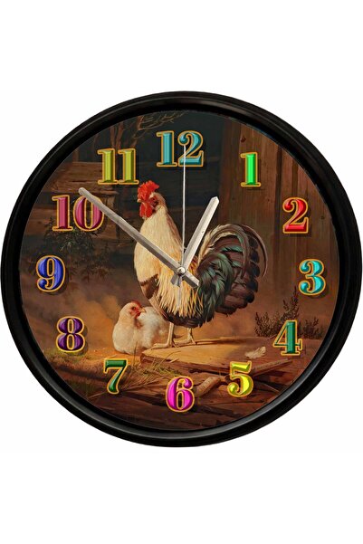 Caseras Rustic Rooster and Chicken Themed Decorative Wall Clock 28 cm Silent ...