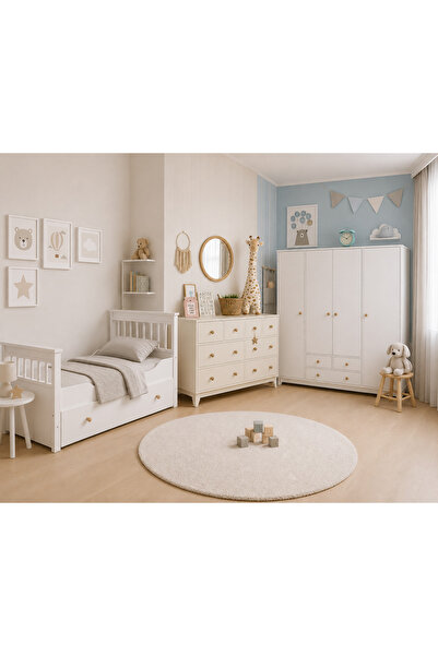 Koza %100 MDF Bonnie 4 Kapılı Bebek&Çocuk Gardırop & Bonnie 8 Çekmeceli Şifonyer & Bonnie 90x190 cm Yavrulu Montessori Karyola
