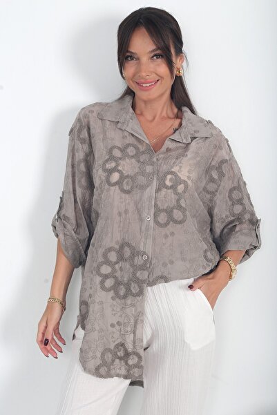 By Saygı Women's Brode Patterned Italian Silk Tunic Shirt