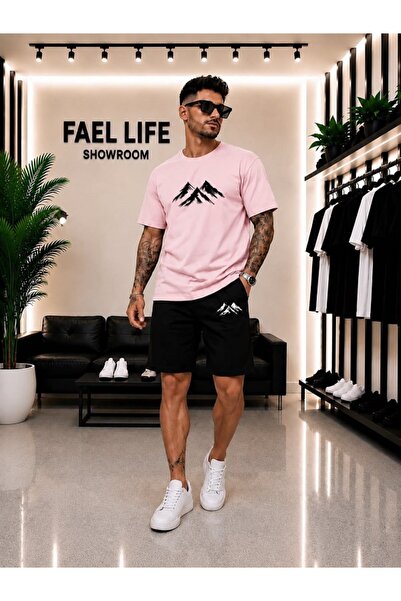 FAEL LİFE Unisex Wide Cut T-Shirt and Shorts Set with Mountain View Print