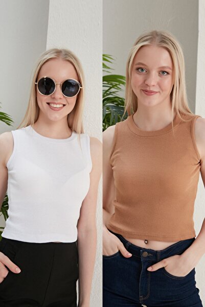 Feyece Women's White Beige Halter Neck 2-Piece Crop Blouse