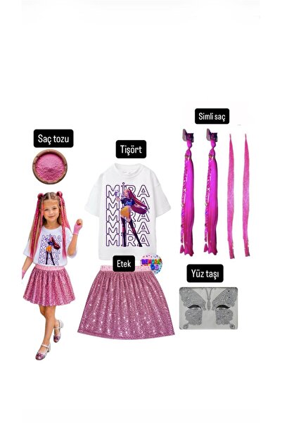 bemora kids kpop mira iblis avcıları baskılı tişört+pembe pullu etek + mira p...