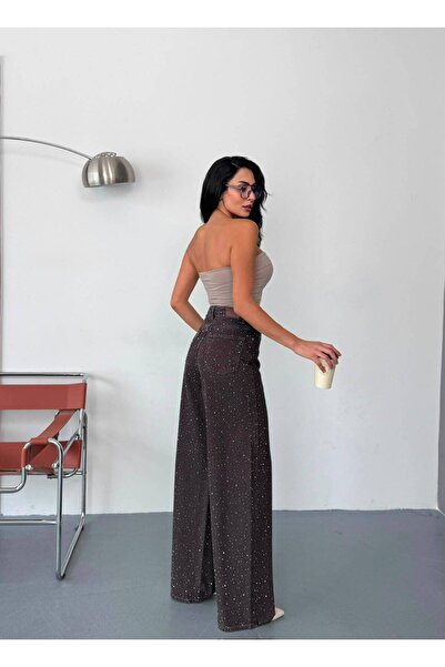zeofficial PANTOLON BAGGY LİKRASIZ ÖN ARKA TAŞ İŞLEMELİ KAHVERENGİ