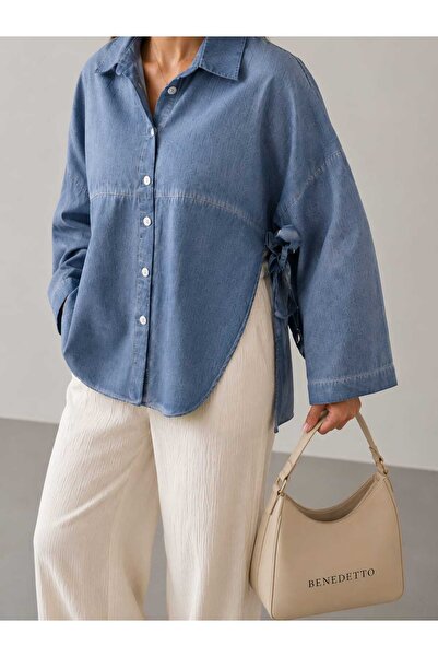 Benedetto Cămașă casual de damă, cu aspect de denim, lavabilă, cu șliț înalt,...