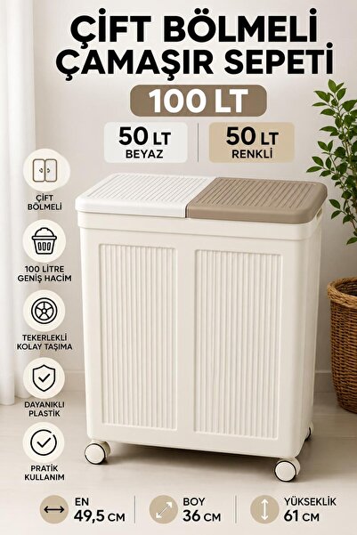 LOREMPBOX 100 LT Çift Bölmeli Katlanabilir Çamaşır Sepeti Tekerlekli Kirli Ça...