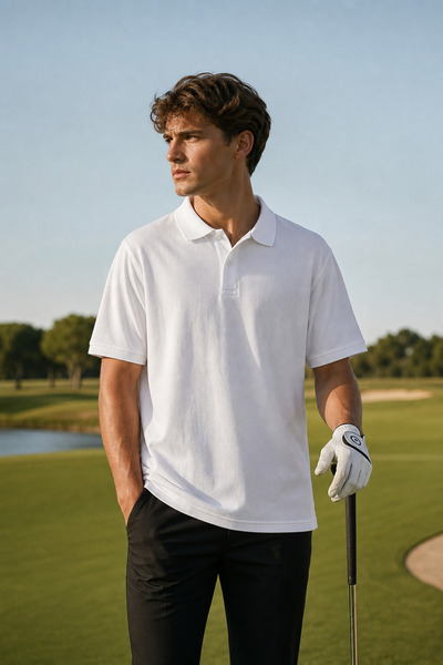 MAXIMILLIAN Men's Basic White 100% Cotton Textured Polo Collar Relaxed Fit T-...