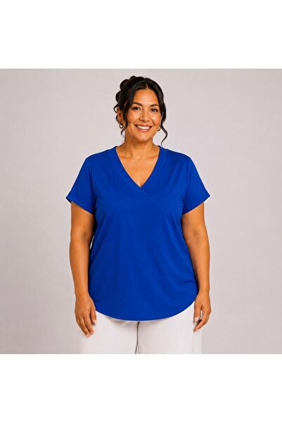 Gülmina Moda Wide V-Neck Plus Size Relaxed Fit Short Sleeve Blouse