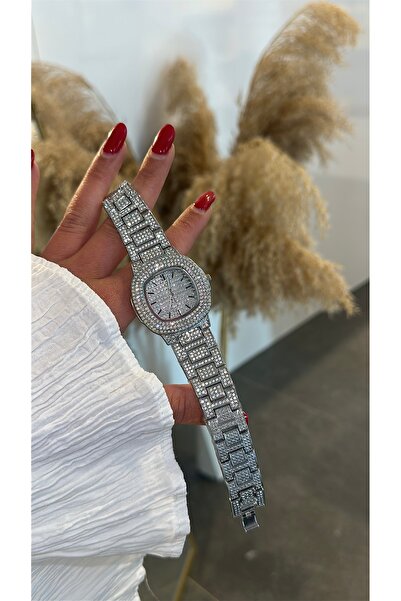 GLARE JEWELRY CO Luxury Full Zircon Stone Round Dial Silver Color Band Stainl...