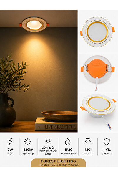 Forest Lighting FR-1508 7W 3 Mod LED Spot Armatür Downlight – Beyaz Kasa Gold...