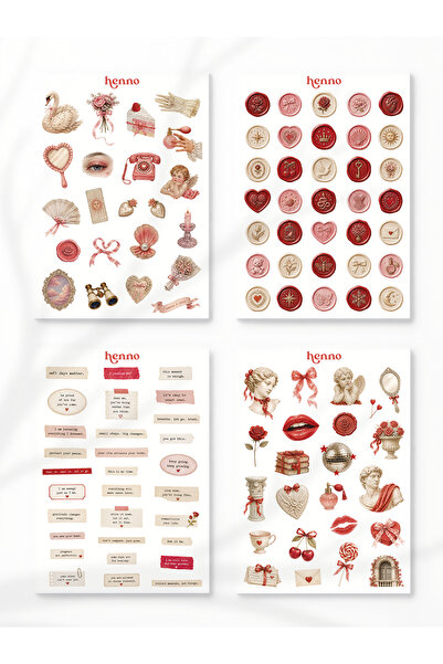Henno Pink Romance & Coquette Temalı 4'lü Sticker Seti (A6 10,5x14,8 cm) | Aj...