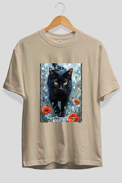 Ankhises For the Love of Cats 60 Front Cat Printed Beige Oversize T-Shirt 100...