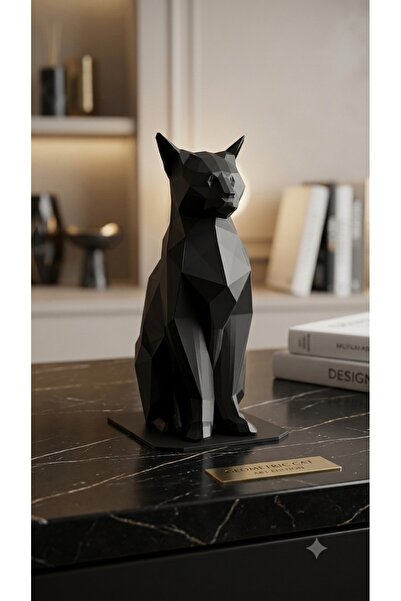 3D Geometrik Kedi Figürü Dekoratif Obje Hediyelik Heykel - 9 cm Black