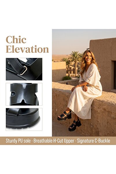Dhiaa Walk Black Platform Block Heel Sandals - Stylish Cutout Strap Open Toe ...