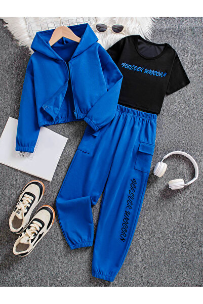 Take Two By Styli Girls Slogan Print T-Shirt, Joggers and Jacket Set
