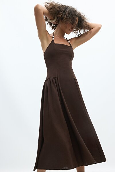 Stradivarius Boncuk detaylı halter midi elbise