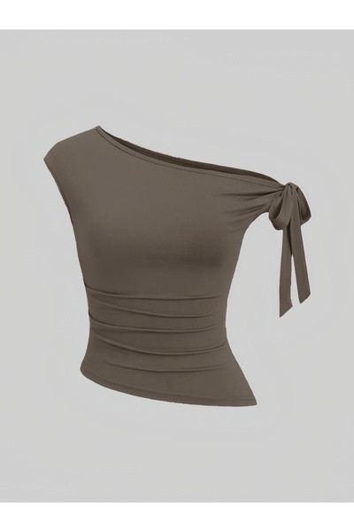 Take Two By Styli Brown One Shoulder Knot-Detail Top