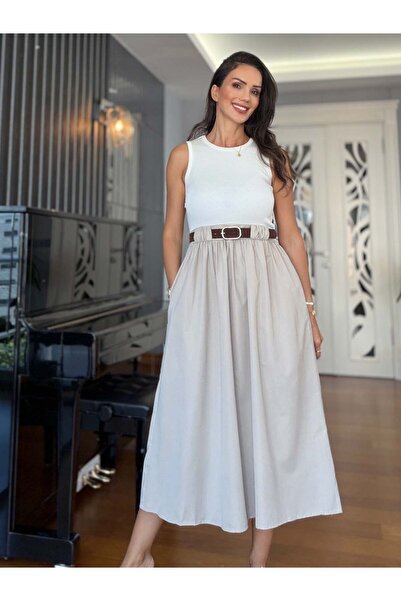 Atelier Derin Taş Rengi Kolsuz Kemerli Cepli Elbise