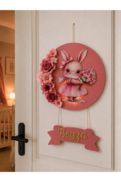 Kirpi Süs İsme Özel Işıklı çiçek motifli tavşan kapı süsü, Hastane Süsü, Bebe...