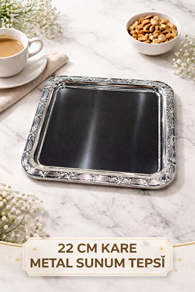 suhika 22x22 cm Gold-Gümüş Metal Sunum Tepsisi Dekoratif Kare Kahve İkram Tep...