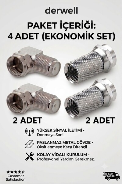 Derwell 4'lü Uydu Anten Bağlantı Seti - 2 Adet F Konnektör + 2 Adet L Tipi Vi...