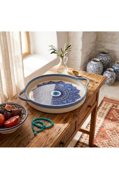 Be Cat Mavi Nazar Boncuğu Baskı Desenli Sunum Tepsisi. Çay & Kahve Seti . 30*...
