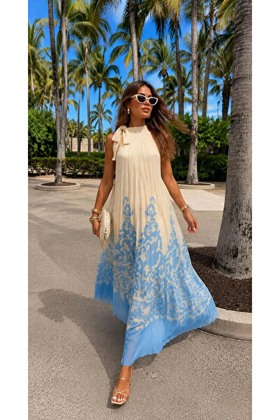 AsprinFashion فستان شيفون مطبوع بياقة هالتر وطيات