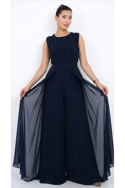 Dorne Moda Özel Koleksiyon Şifon Pelerinli Abiye Tulum - Kruvaze Yaka Boncuk ...