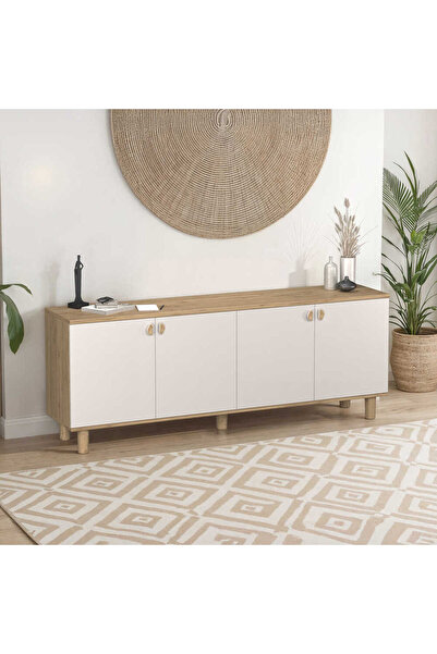 Adore Mobilya Bohem 4 Kapaklı İç Çekmeceli Konsol - Florida Meşe/Vizon 207x79...