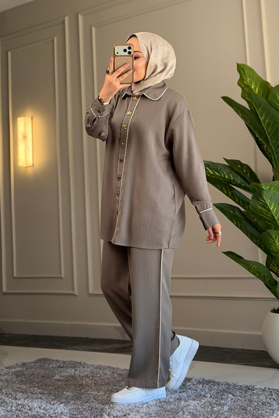 Suede Style 9261 - Şık Rahat Arabiyeli Kadın Saten Pantolon Gömlek Takımı