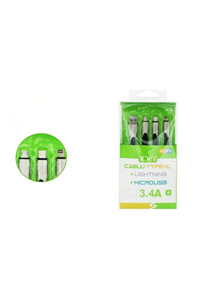 idei Cablu de Încărcare 3-în-1 USB, 3.4A, cu Conectori Type-C, Lightning și M...