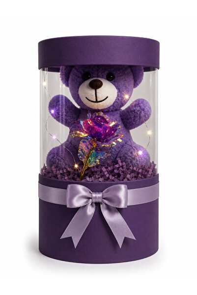 Floroon gift Led Işıklı ve Mor Sonsuzluk Güllü Ayıcık Hediye Kutusu | Romanti...