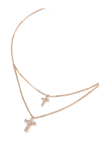 U.S. Polo Assn. Colier din metal placat cu aur roz, cu lanț dublu, cu pandant...