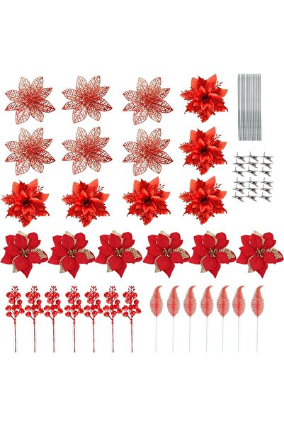 OEM Flori Artificiale Set 68 Piese Steluta de Crăciun Flori de Poinsettia Roș...