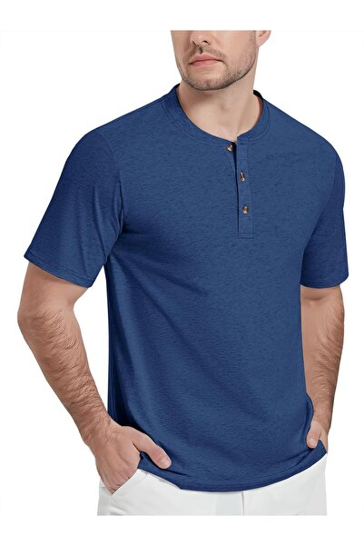 OEM KEFITEVD Tricou bărbați Henley din bumbac, fără guler, albastru 2XL