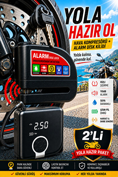 Zineets 2Lİ PAKET Alarmlı Disk Kilidi Ve Hava Kompresörü Powerbanklı Motorsik...