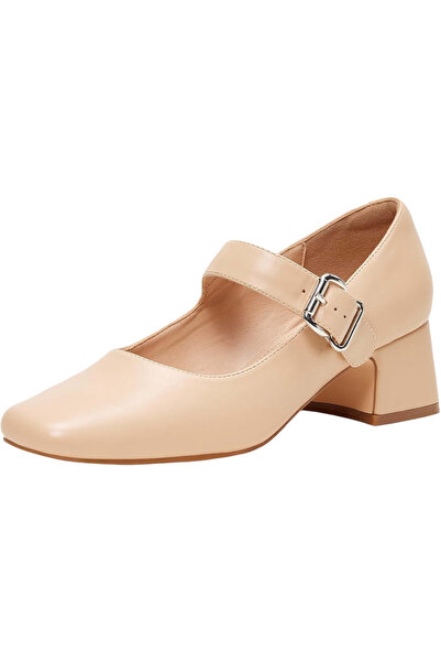 OEM Pantofi damă tip Mary Jane Toc Gros 5 cm Piele Ecologică Crem 38,5 EU