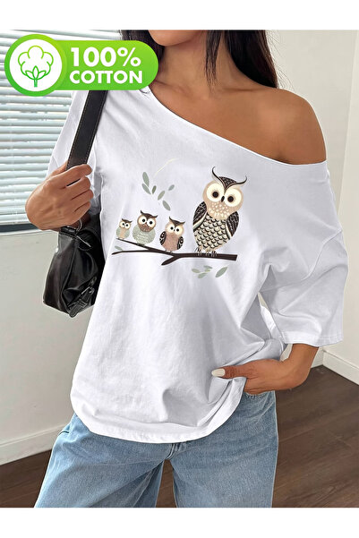 OVER HEAD Tricou pentru femei, 100% bumbac, cu imprimeu Owl Family, cu gâtul ...