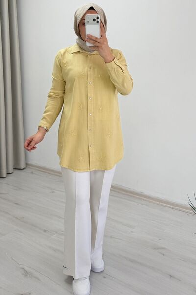 T Moda Store My Magazin Yazlık Tansel Kumaş Papatya Nakışlı Çıtçıt Düğmeli Te...