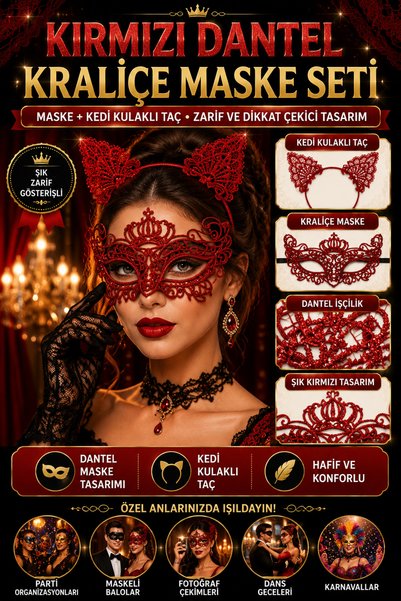 Tamsena Store 2 Numara Kırmızı Dantel Kraliçe Maske ve Kedi Kulaklı Taç Seti ...