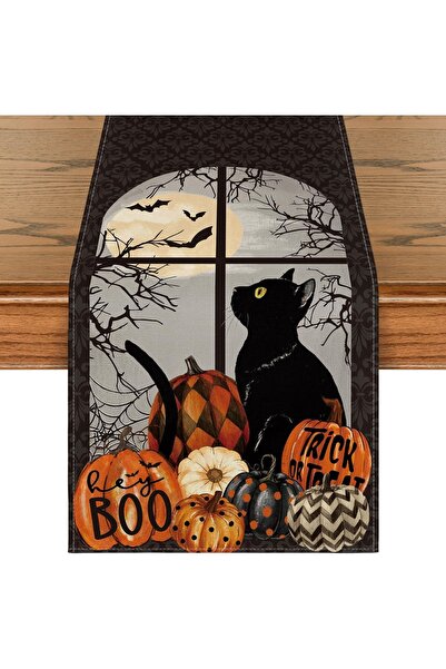 OEM Runner decorativ pentru masă de Halloween cu pisici, dovleci 40x140 cm Negru
