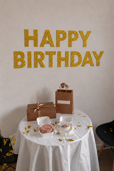 Organizasyon Pazarı Glittery Gold Happy Birthday Lettering Luxurious Look Bir...