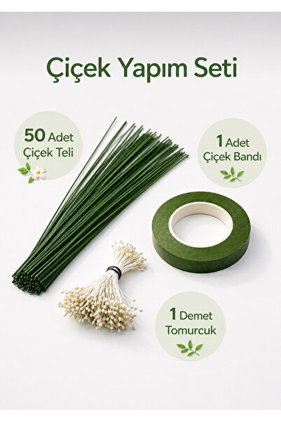 iğne izi Çiçek Yapım Seti - 50 Adet 40 cm Çiçek Teli + Çiçek Bandı + 7 gr Tom...