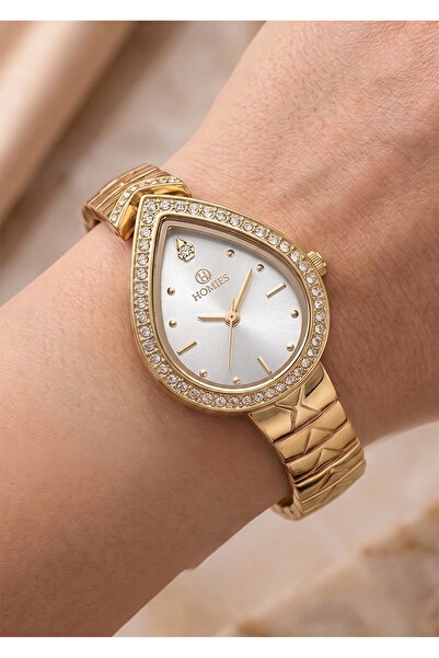 Homies Women's Gold Metal Cord Drop Case White Dial Stone Detailed Wristwatch...