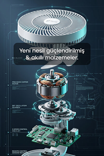 Feny Oscilla 8 İnç 180° Döner Başlıklı Masaüstü Vantilatör 3000mAh Şarjlı LCD Lambalı 3 Hız Kademeli Fan