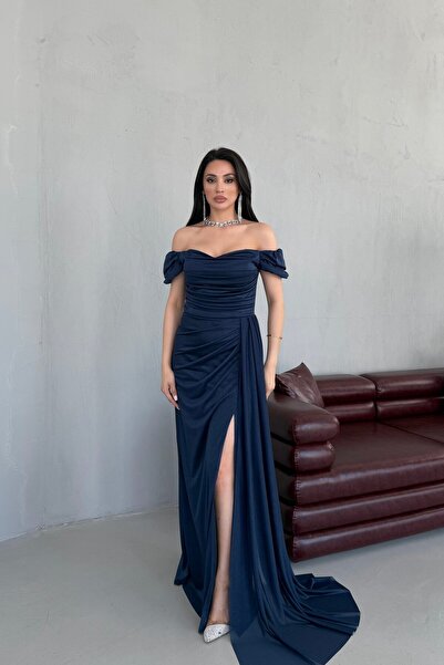 Serica Moda Navy Blue Off-Shoulder Draped Glittering Long Evening Dress