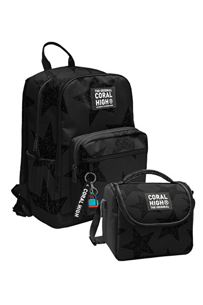 Coral High Black Star Printed (Boy) School Backpack and Lunch Bag Set - Setyg...
