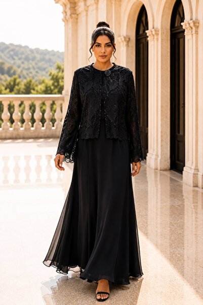 Rain and River Plus Size Lace Sleeve Embroidered Evening Dress