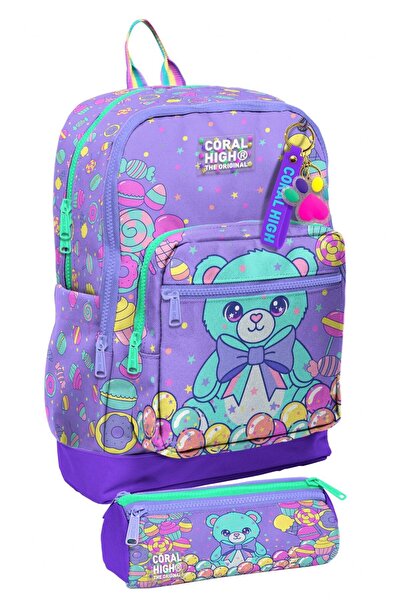 Coral High مجموعة حقيبة ظهر مدرسية وحافظة أقلام - بنفسجي وأخضر بنمط دب تيدي ل...